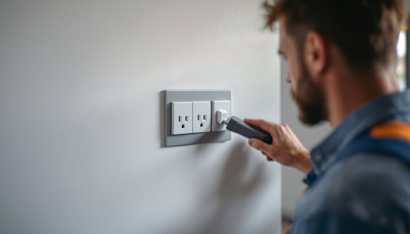 A photograph of capture a photograph of a lighting contractor installing lumina electric outlets in a modern home setting