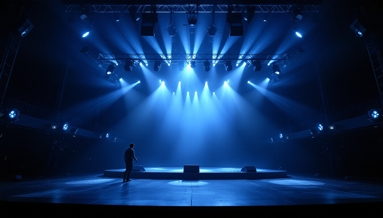 A photograph of a well-lit theater stage showcasing various lighting fixtures in action