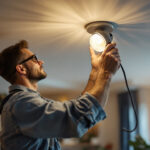 A photograph of a skilled lighting contractor expertly installing a stylish ceiling light fixture in a modern home setting