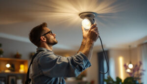 A photograph of a skilled lighting contractor expertly installing a stylish ceiling light fixture in a modern home setting