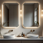 A photograph of a beautifully designed bathroom vanity featuring stylish lighting fixtures