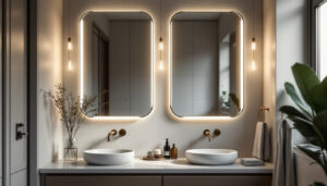 A photograph of a beautifully designed bathroom vanity featuring stylish lighting fixtures