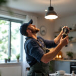 A photograph of a lighting contractor expertly installing modern