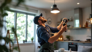 A photograph of a lighting contractor expertly installing modern