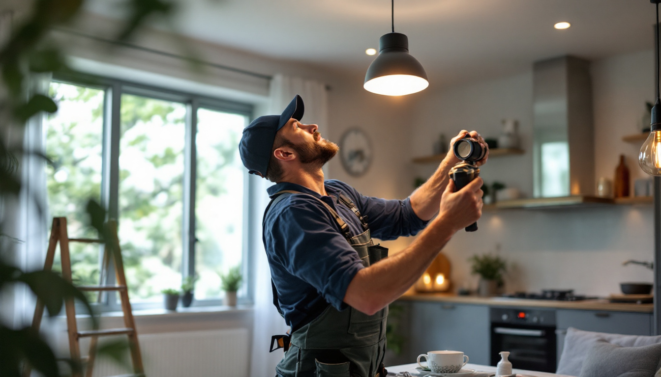 A photograph of a lighting contractor expertly installing modern