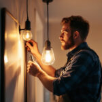 A photograph of a skilled lighting contractor installing or adjusting modern light fixtures in a residential or commercial space