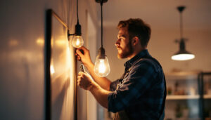 A photograph of a skilled lighting contractor installing or adjusting modern light fixtures in a residential or commercial space