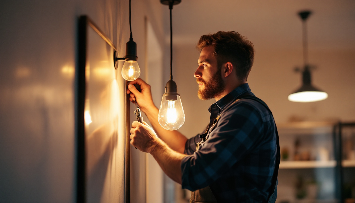 A photograph of a skilled lighting contractor installing or adjusting modern light fixtures in a residential or commercial space