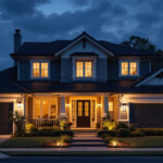 A photograph of a beautifully lit front house exterior at dusk