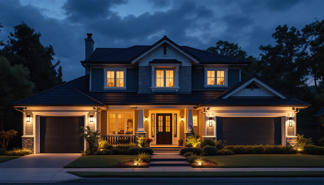 A photograph of a beautifully lit front house exterior at dusk