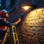 A photograph of a lighting contractor installing a brightronic solar sign light in a commercial setting