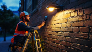 A photograph of a lighting contractor installing a brightronic solar sign light in a commercial setting