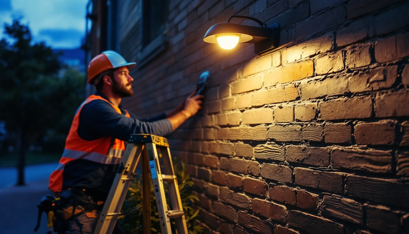 A photograph of a lighting contractor installing a brightronic solar sign light in a commercial setting