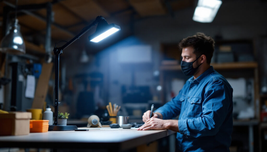 A photograph of a well-lit workshop or garage scene featuring a 48 led 5000 kelvin shop light in action