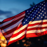 A photograph of a beautifully illuminated american flag at dusk