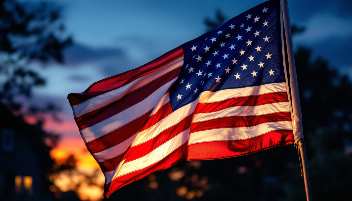 A photograph of a beautifully illuminated american flag at dusk