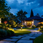 A photograph of a well-lit outdoor space featuring a variety of flood lights in use