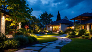 A photograph of a well-lit outdoor space featuring a variety of flood lights in use