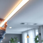 A photograph of a modern ceiling light installation featuring a sleek led strip