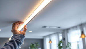 A photograph of a modern ceiling light installation featuring a sleek led strip