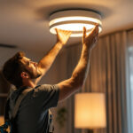 A photograph of a modern ceiling light fixture being installed in a stylish home interior