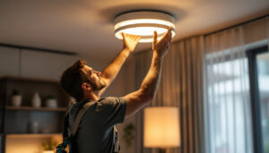 A photograph of a modern ceiling light fixture being installed in a stylish home interior