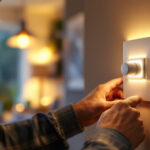 A photograph of a skilled lighting contractor installing a modern lighted dimmer switch in a stylish home setting