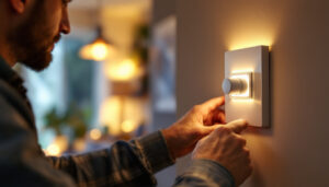 A photograph of a skilled lighting contractor installing a modern lighted dimmer switch in a stylish home setting