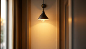 A photograph of a well-lit hallway featuring a stylish light fixture