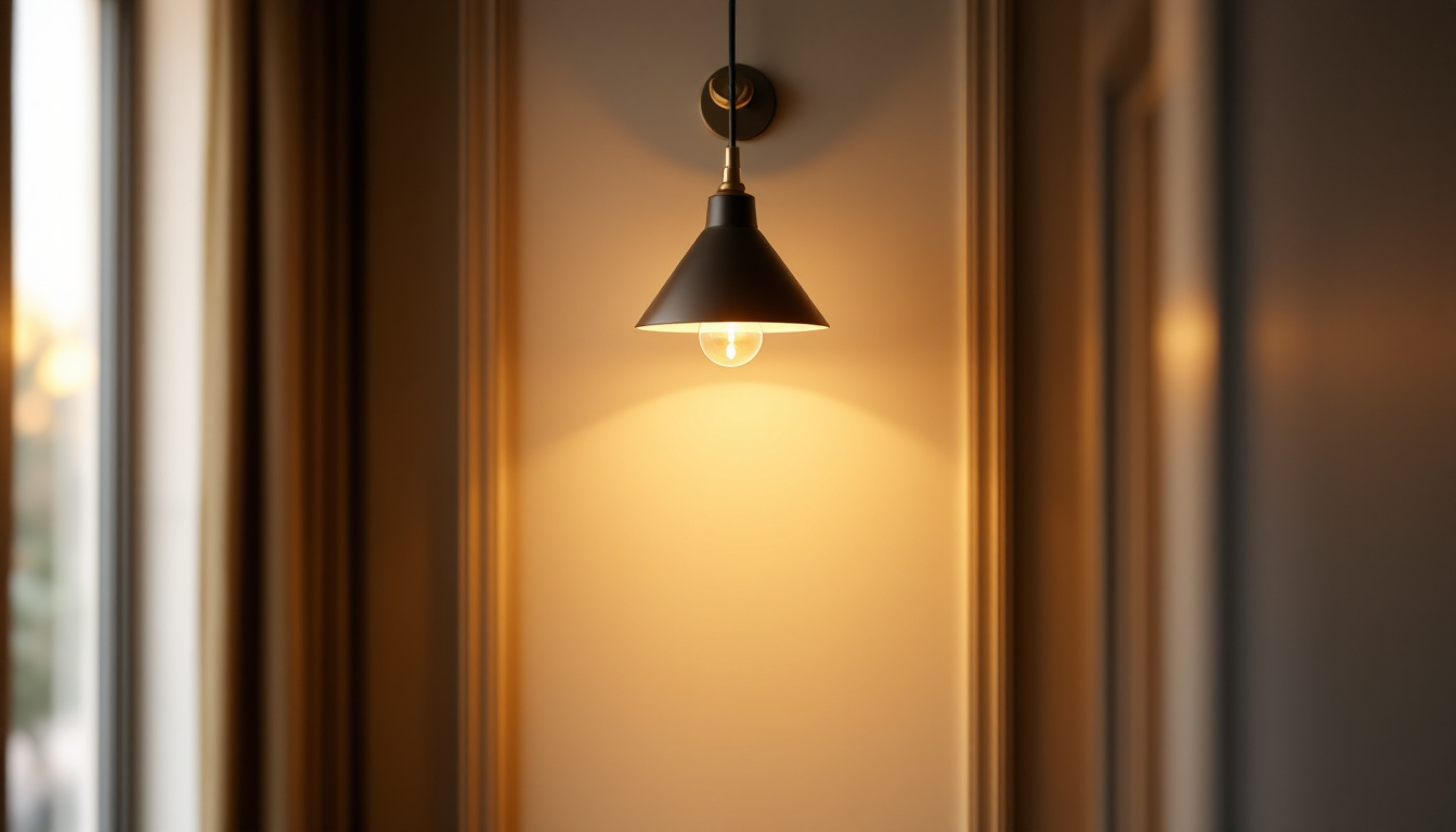 A photograph of a well-lit hallway featuring a stylish light fixture