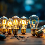 A photograph of a close-up of various small screw light bulbs arranged aesthetically on a workbench