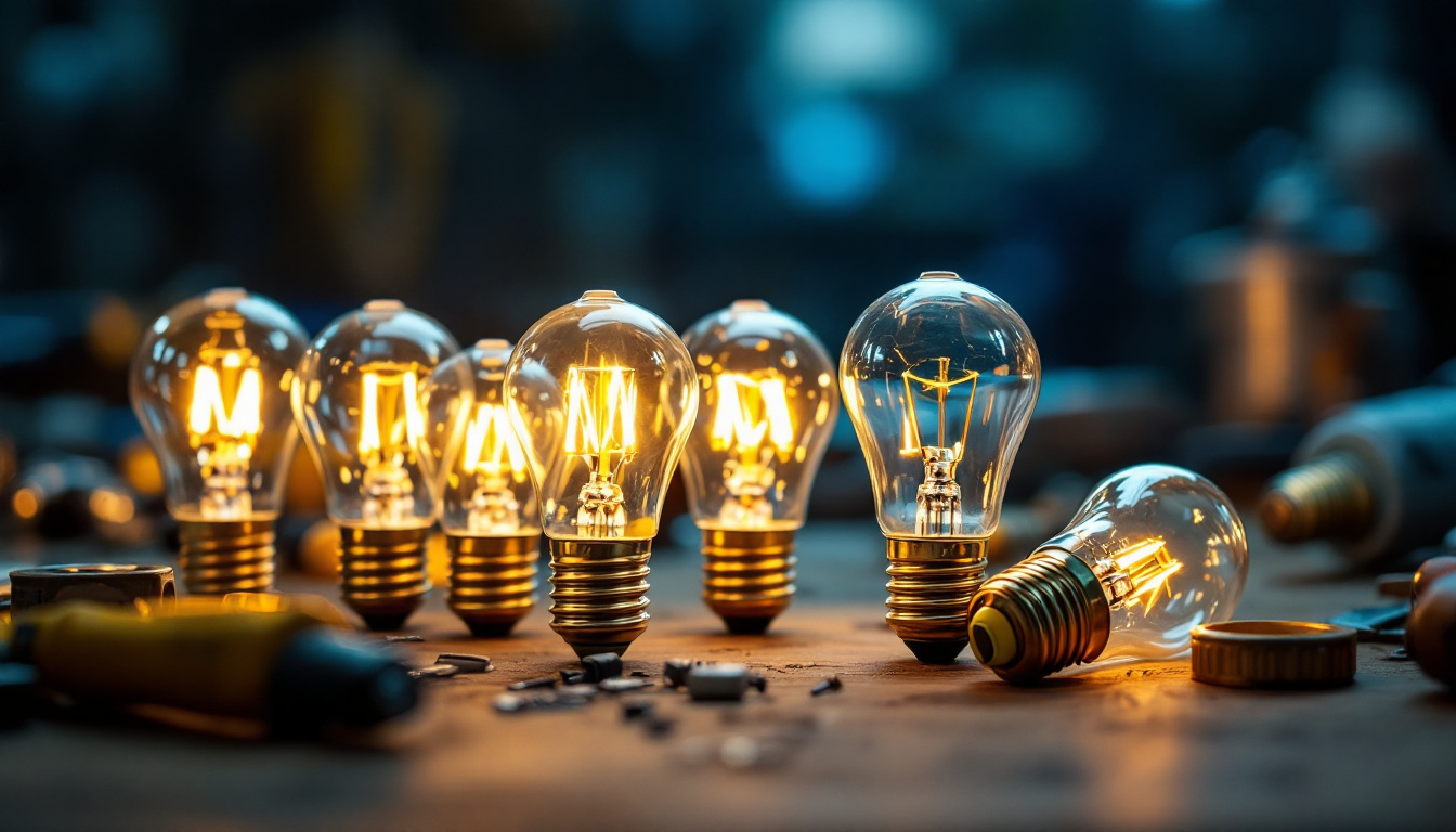 A photograph of a close-up of various small screw light bulbs arranged aesthetically on a workbench