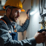 A photograph of a skilled lighting contractor expertly installing or inspecting a 30a dryer receptacle in a well-lit