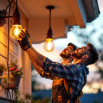A photograph of a professional lighting contractor installing stylish exterior hanging lights on a residential porch