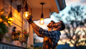 A photograph of a professional lighting contractor installing stylish exterior hanging lights on a residential porch