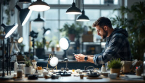 A photograph of a well-lit workspace featuring a diverse selection of affordable led lights in various styles and applications