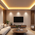 A photograph of a beautifully designed modern living space showcasing contemporary recessed lights in various settings