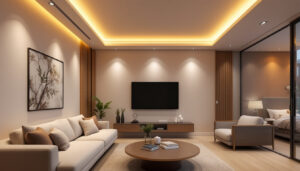 A photograph of a beautifully designed modern living space showcasing contemporary recessed lights in various settings