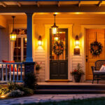 A photograph of a beautifully illuminated front porch at dusk