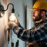 A photograph of a lighting contractor skillfully installing a light bulb in a stylish fixture