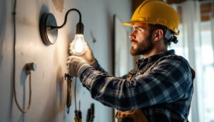 A photograph of a lighting contractor skillfully installing a light bulb in a stylish fixture