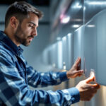 A photograph of a professional lighting contractor installing or inspecting a used hand dryer in a commercial restroom setting