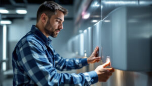 A photograph of a professional lighting contractor installing or inspecting a used hand dryer in a commercial restroom setting