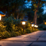 A photograph of a well-lit outdoor scene showcasing solar-powered led lights illuminating a pathway or garden at dusk