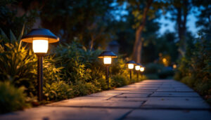 A photograph of a well-lit outdoor scene showcasing solar-powered led lights illuminating a pathway or garden at dusk