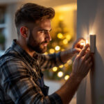 A photograph of a skilled lighting contractor installing or adjusting a fan light switch in a stylish home setting
