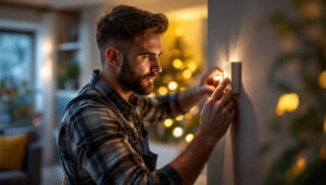 A photograph of a skilled lighting contractor installing or adjusting a fan light switch in a stylish home setting