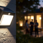 A photograph of a solar led outdoor motion-activated wall pack light installed on an exterior wall