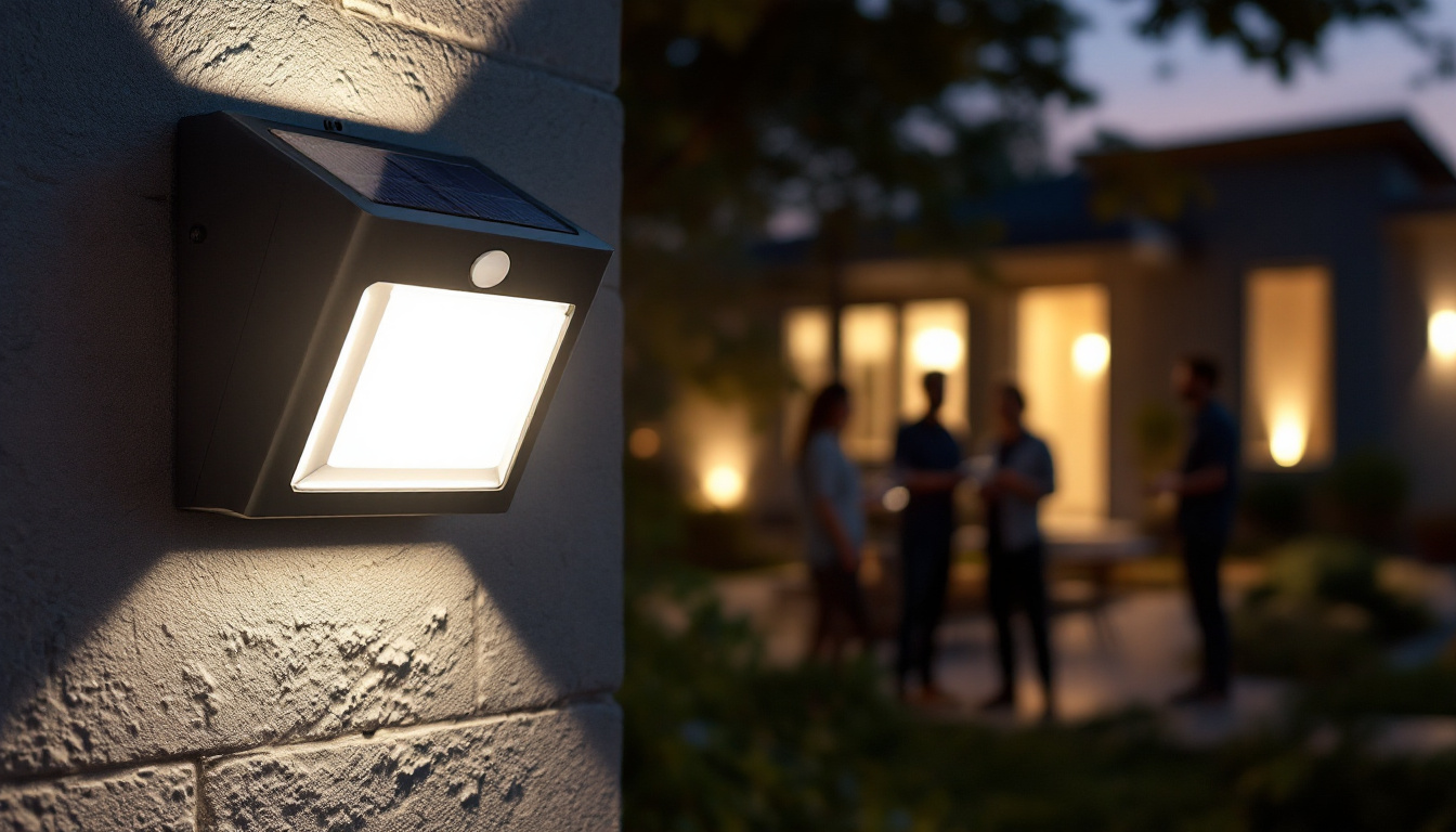 A photograph of a solar led outdoor motion-activated wall pack light installed on an exterior wall