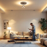 A photograph of a well-lit modern living room featuring stylish pot lights installed in the ceiling
